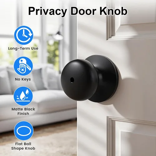 Miniatura 2 de KNOBWELL Paquete de 8 pomos de puerta de privacidad para baño y dormitorio, pomo de puerta negro mate con cerradura, cerradura de manija de puerta