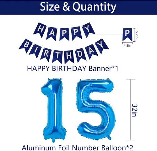 Miniatura 4 de Decoraciones azules para fiesta de cumpleaños número 15, pancarta de feliz cumpleaños, globos de número 15, serpentinas de estrellas azules