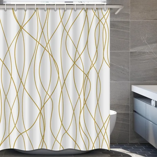 Miniatura 23 de Juego de cortinas de ducha azul egeo para baño con ganchos, cortinas de baño decorativas repelentes al agua y lavables con rayas blancas, 72 x 72