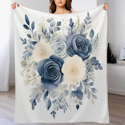 Miniatura 7 de Manta de flores de acuarela azul marino, bohemias, manta de acuarela floral con coronas de rosas y hojas de peonías, lujosa, cálida y acogedora