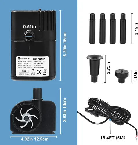 Miniatura 7 de ECO-WORTHY Bomba de fuente de agua solar de 216 GPH con protección mejorada de funcionamiento en seco, bomba sumergible sin escobillas, 12V-24V CC