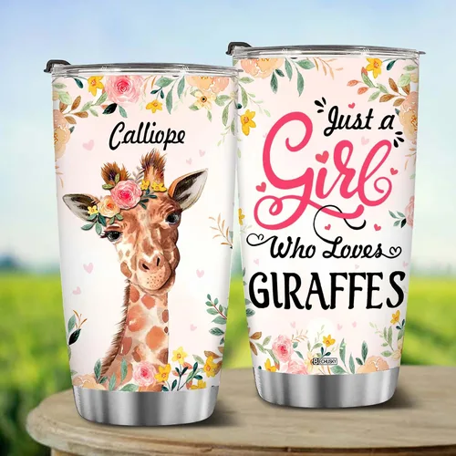 Miniatura 5 de BECHUSKY Vaso de acero inoxidable personalizado con aislamiento al vacío de flores de jirafa con tapa Just A Girl Who Loves Giraffes, taza de café