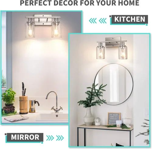 Miniatura 5 de ShineTech Lámparas de baño de 2 luces, modernas luces de tocador con pantalla de vidrio transparente, luz de tocador de baño de níquel cepillado
