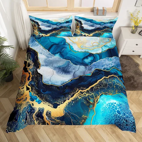 Miniatura 16 de Erosebridal Juego de ropa de cama de mármol líquido azul aguamarina, funda de edredón con estampado de mármol con patrón de mármol abstracto, juego