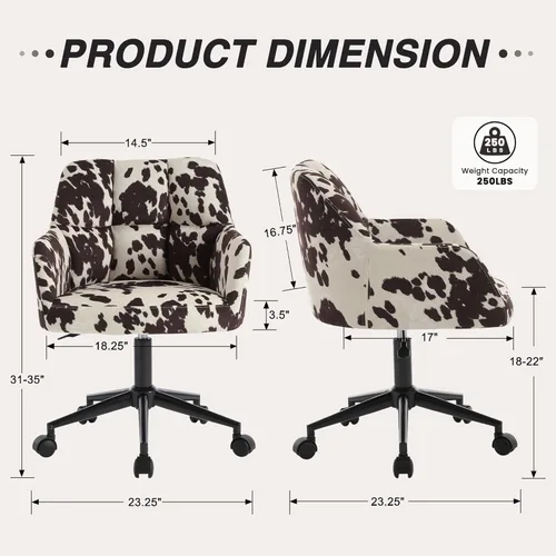 Miniatura 2 de Silla de escritorio moderna giratoria para oficina en casa con ruedas, terciopelo estampado de vaca, altura ajustable, cómoda, ergonómica, tapizada