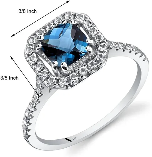 Miniatura 2 de Peora Anillo de topacio azul de Londres para mujer, oro blanco de 14 quilates con topacio blanco, piedra natal genuina, corte cojín de 1 quilate