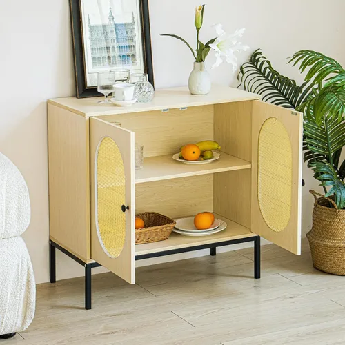 Miniatura 4 de Dolonm Armario de almacenamiento, aparador de madera con puertas ovaladas de ratán, armario de licor de bar, organizador de piso decorativo