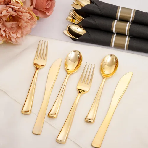Miniatura 4 de Supernal Paquete de 60 cubiertos dorados, enrollados, preenvueltos con servilletas negras, cubiertos de plástico resistente, tenedores y cucharas