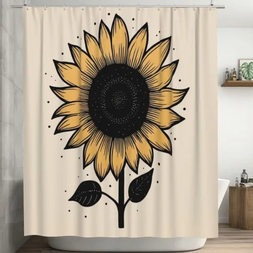 YLATY2371 - Cortina de ducha con diseño de girasoles para baño, pétalos florales amarillos, hojas negras, juego de cortina de ducha bohemia, tela