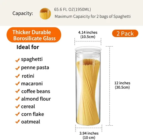 Miniatura 3 de ZENS Juego de 2 recipientes de almacenamiento de vidrio para pasta de espaguetis con tapas, recipientes herméticos transparentes de 65 onzas de alto