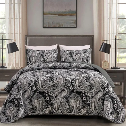 Miniatura 12 de DJY Juego de colcha de tamaño King con patrón de cachemira negro bohemio, juego de cubrecama de 3 piezas, ropa de cama suave y ligera