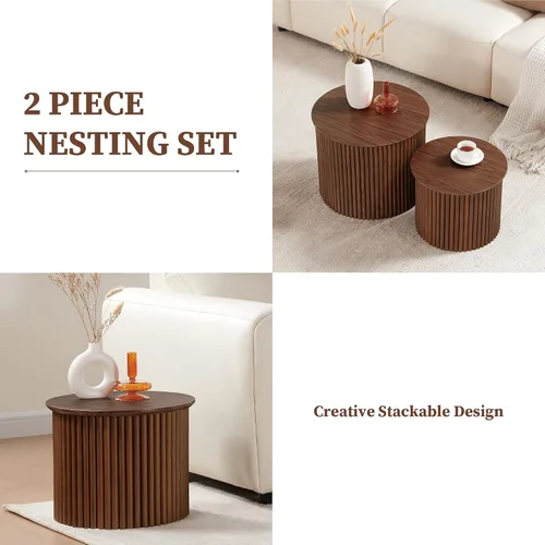 Miniatura 5 de Juego de 2 mesas de centro redondas anidables con estrías, mesa de café de estilo moderno de mediados de siglo, mesa auxiliar circular, mesa de Nogal