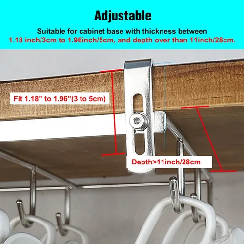 Miniatura 3 de Soporte para tazas debajo del gabinete para base de gabinete de 1.18 a 1.96 pulgadas de grosor, 9 ganchos, organizador de tazas de café, estante