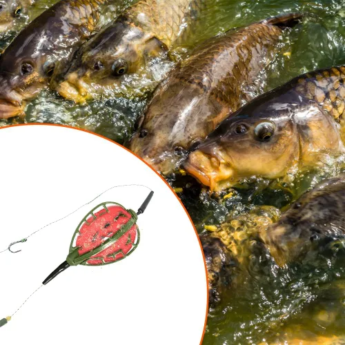 Miniatura 3 de Alimentador de jaula de cebo de pesca de carpa con plataformas de gancho de alambre, dispositivo de trampa de anidación de línea larga