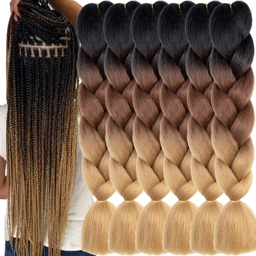 Miniatura 37 de Beige (613) Cabello trenzado 6 paquetes de extensiones de cabello sintético de 24 pulgadas, extensiones de cabello trenzado Jumbo Ombre trenzado