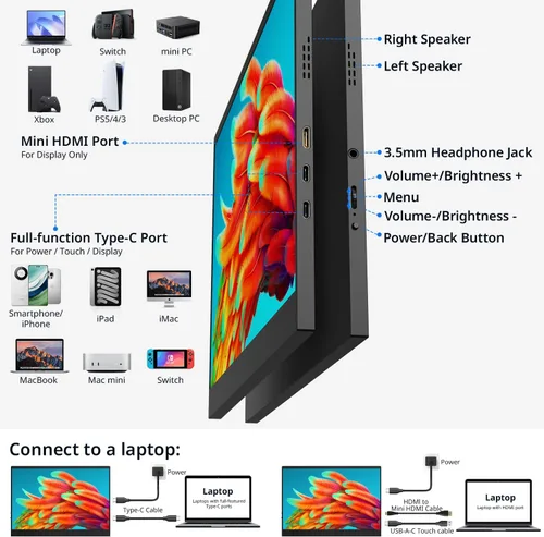 Miniatura 3 de AYY Monitor portátil 4k, pantalla táctil de 13.4" 3840x2160 Segunda pantalla 100% sRGB, 400cd HDR USB C Ultra Slim IPS Monitor portátil para Mac