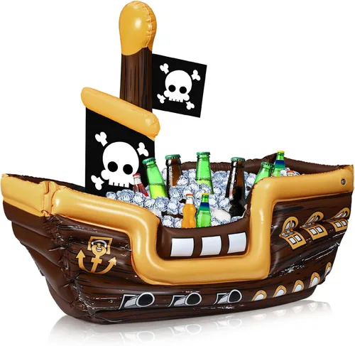 Miniatura 7 de Zhanmai Enfriador inflable de bebida de barco pirata, contenedor de comida inflable para verano, carnaval, Mardi Gras, fiesta de cumpleaños pirata