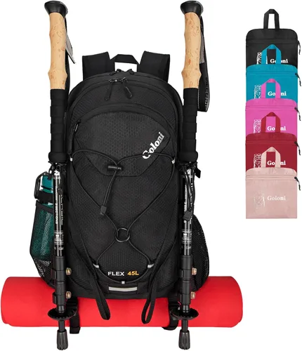Miniatura 9 de Mochila de senderismo de 45 L con cubierta para lluvia, mochila de campamento plegable ligera para senderismo, resistente al agua con poste de Rojo