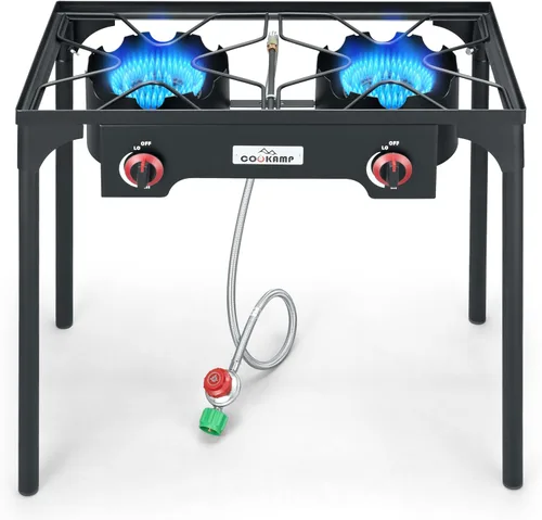 COOKAMP - Estufa de camping portátil de doble quemador de propano de alta presión con regulador ajustable de 0-20 PSI y manguera de acero trenzada