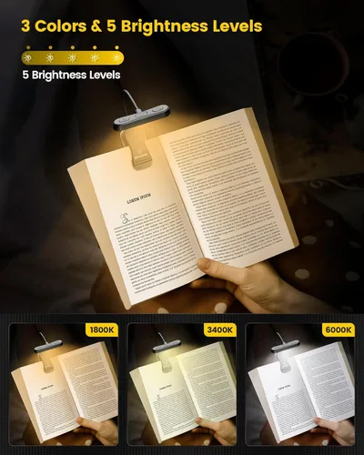 Miniatura 3 de Glocusent - Luz de libro horizontal ET-Head para leer en la cama, cuidado ocular, CRI 95, 3 colores y 5 niveles de brillo, luz de lectura recargable