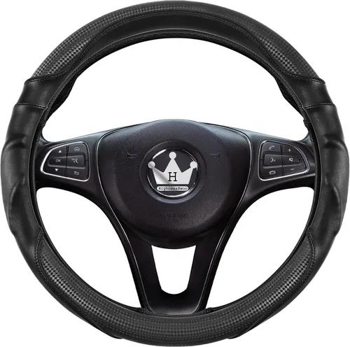 Miniatura 3 de HighnessHwoo Funda 3D para volante de automóvil, agarre cómodo, masaje deportivo, antideslizante, de fibra de carbono, piel sintética para sedán