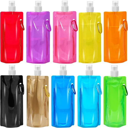 10 botellas de agua plegables plegables de 16.2 fl oz, a prueba de fugas con mosquetón, sin BPA, bolsas reutilizables para viajes, gimnasio,