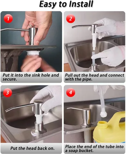 Miniatura 6 de Dispensador de jabón para fregadero de cocina, cabezal dispensador de jabón integrado de acero inoxidable con tubo de agua de silicona de 3.9 ft/4