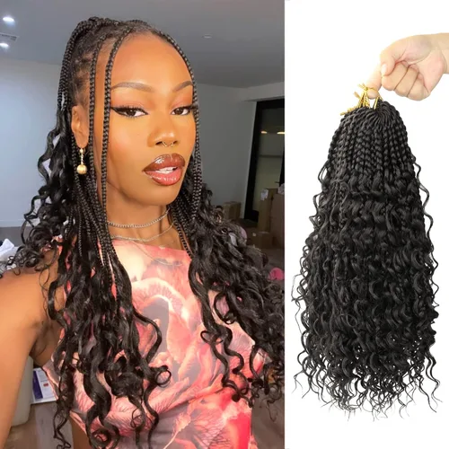 Miniatura 111 de Goddess Box Braids - Trenzas de cabello a ganchillo con extremos rizados, trenzas de caja bohemianas de 16 pulgadas, trenzas de ganchillo, 8 1B-4-30