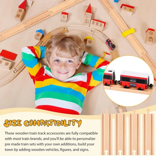 Miniatura 4 de Liliful Paquete de 16 piezas de expansión de vía de tren de madera con adaptadores macho-macho y hembra-hembra compatibles con la mayoría