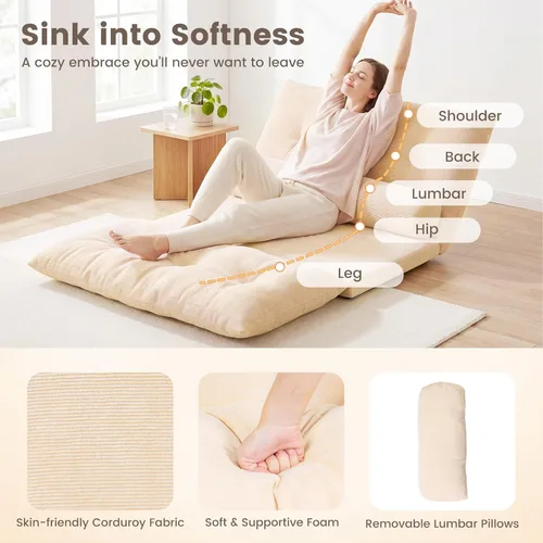 Miniatura 5 de Giantex Sofá de suelo ajustable con 2 almohadas, sofá cama plegable multifuncional de 6 posiciones, asiento de piso de gamuza multifuncional