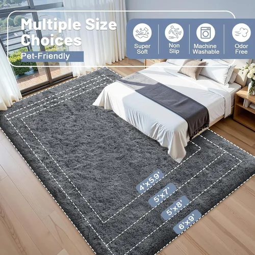 Miniatura 9 de OLANLY Alfombras de área para sala de estar y dormitorio, alfombra de cama mullida y peluda lavable a máquina de 4 x 5.9 pies, alfombra de piso Gris
