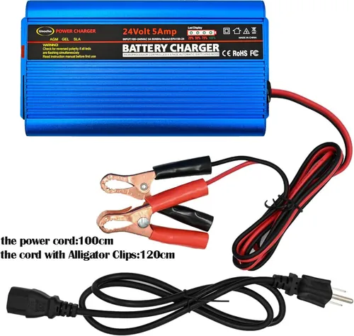 Miniatura 4 de Cargador de batería de 24V, cargador de batería inteligente automático, mantenedor, cargador de goteo de 5A e interruptor de E/S con clips