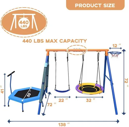 Miniatura 2 de Juego de columpios para niños 5 en 1 para patio trasero con trampolín, soporte de marco en A resistente de 880 libras, soporte de metal
