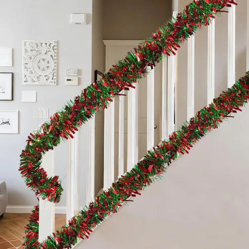 Miniatura 6 de Guirnalda de oropel de Navidad de 50 pies, guirnalda metálica torcida roja y verde, decoración navideña gruesa y brillante para árbol, manto