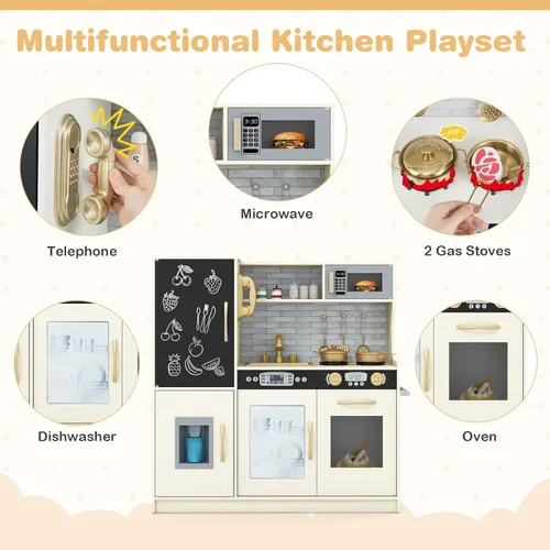 Miniatura 6 de Play Kitchen, juguete de cocina de madera para niños con microondas, nevera, horno fácil de hornear, pizarra y máquina de hielo, juguetes de cocina