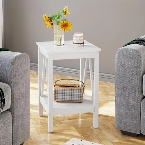 Miniatura 7 de IDEALHOUSE Mesa auxiliar para sala de estar, mesa auxiliar pequeña con estantes de almacenamiento de 2 niveles, mesas de noche redondas, mesa blanco