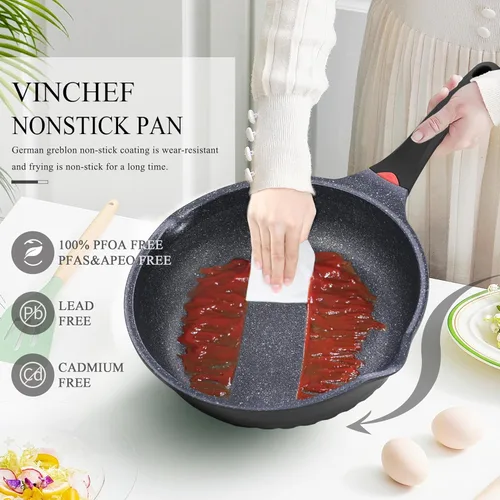 Miniatura 5 de Vinchef Nueva actualización de mango 11 Pulg/5Qt Sartén antiadherente de aluminio para freír en profundidad con tapa e indicador de calor, sartén