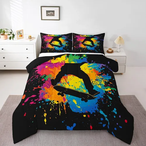 Miniatura 20 de Erosebridal Juego de edredón de murciélago tamaño Queen para niños y niñas, juego de ropa de cama con degradado de arco iris, juego de edredón Multi