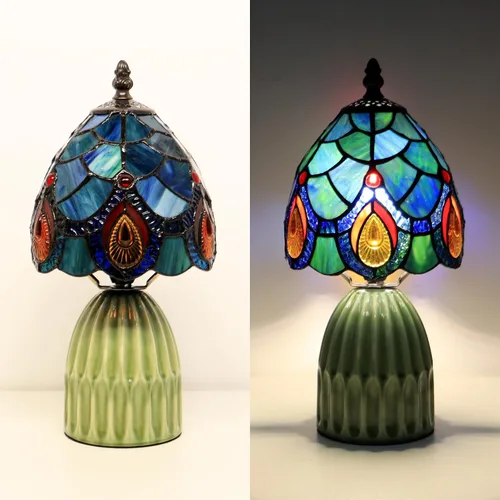 Miniatura 4 de Tiffany Stained Glass Mushroom Table Lamp 12.5 Inch -Blue Peacock Tiffany Lamp,6X6X12.5 Inch,Small Night Light,Ceramic Base, Mini Accent Light