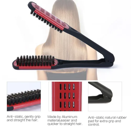 Miniatura 2 de Cepillo de pelo con abrazadera de cerdas de jabalí, enderezadora de cerámica de doble cara con abrazadera, desenredar y peinar el cabello