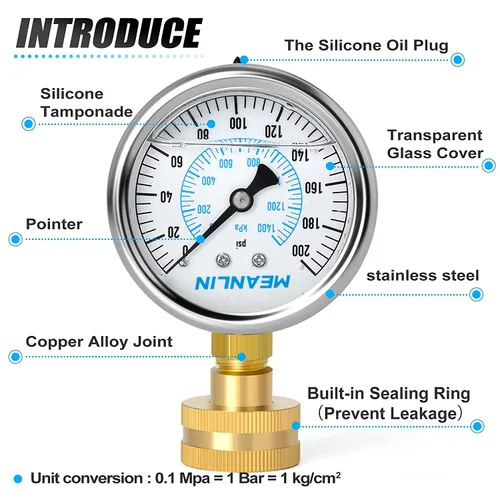 Miniatura 3 de MEANLIN MEASURE 0~200 Psi Manómetro de acero inoxidable, esfera con cara de 2.5 pulgadas, 3/4" hembra, relleno de líquido, presión de agua, aceite
