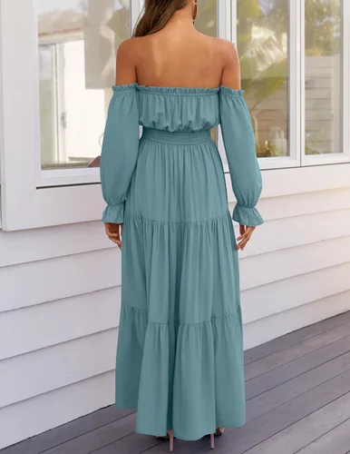 Miniatura 139 de ZESICA - Vestido largo, bohemio y sexy, con hombros descubiertos y manga larga fruncida, con elástico fruncido, cintura alta y abertura lateral