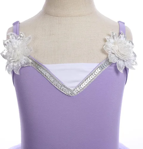 Miniatura 5 de ODASDO Leotardo de ballet para niñas, camisola, faldas tutú, lentejuelas brillantes, bordado de flores, vestido de baile, traje de gimnasia