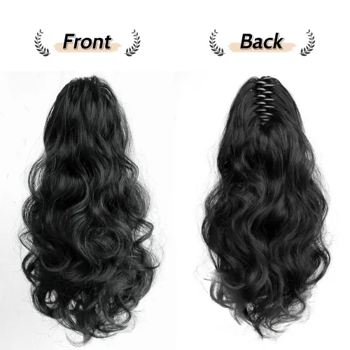 Miniatura 7 de Extensión de cola de caballo de garra negra natural ondulada de 16 pulgadas, extensiones de cabello sintético rizado con clip, extensiones