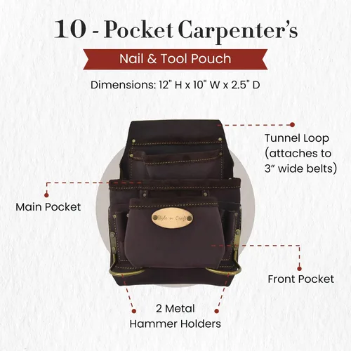 Miniatura 3 de Style n Craft Bolsa de herramientas y uñas de carpintero de 10 bolsillos, bolsa de herramientas de cuero resistente, bolsa de cuero de grano Marrón