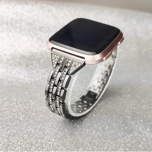 Miniatura 3 de Bandas compatibles con Fitbit Versa 2/Versa Lite/Versa, pulsera de repuesto con diamantes de imitación de metal para mujer, color negro
