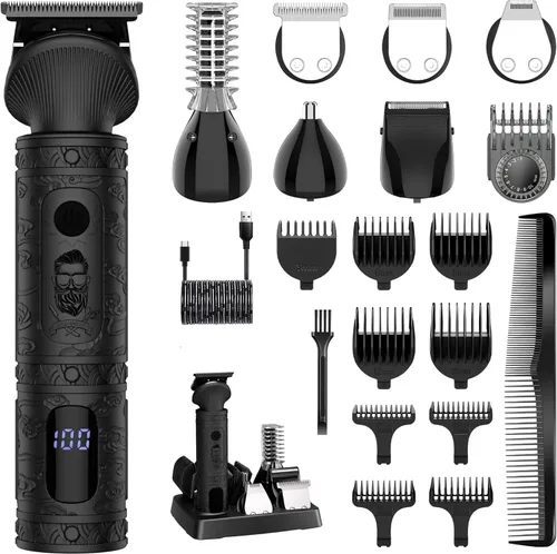 Scttomon Recortadora de barba para hombres, kit profesional de aseo de barba para hombres, recortadora con hoja en T, afeitadora eléctrica, navaja,