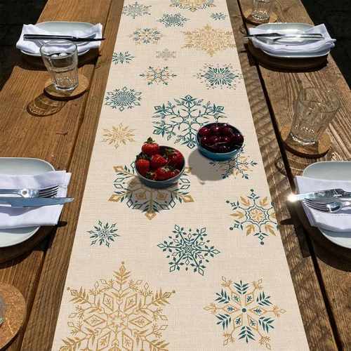 Seliem Camino de Mesa de Copos de Nieve de Invierno, Bufanda de Mesa Dorada y Azul para Cocina y Hogar, Decoración Festiva de Navidad, Decoraciones