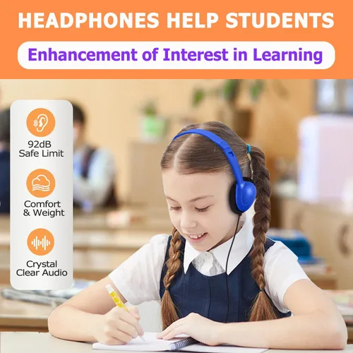 Miniatura 5 de Paquete de 10 auriculares para niños a granel para el aula escolar, auriculares multicolor con cable para estudiantes, auriculares ajustables