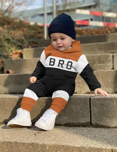 Miniatura 3 de Ropa de bebé niño de manga larga, sudadera con capucha con estampado de letras + pantalones de retazos, 2 piezas, trajes de otoño e invierno